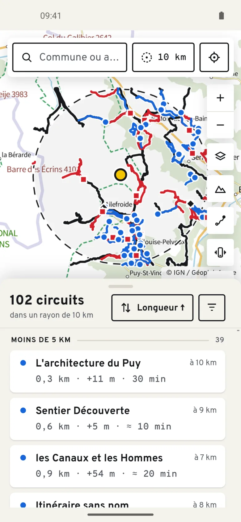 Carte et liste des circuits autour d’un lieu